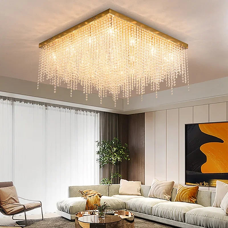 Crystal Chandelier: Luxury Gold Ceiling Light Fixture for Living Room, Bedroom - LED Square Design