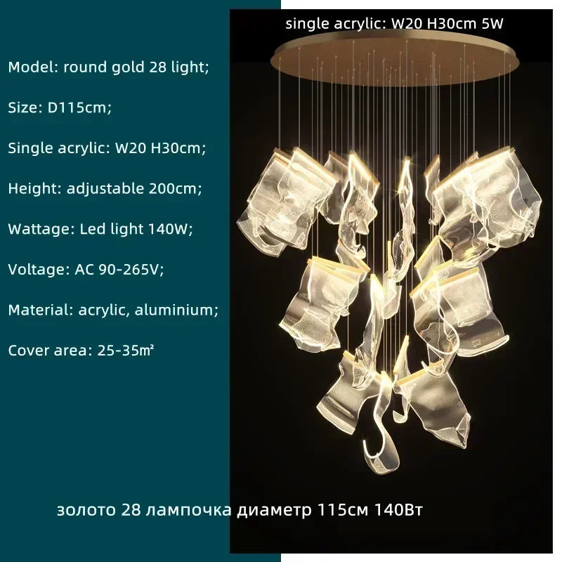 Acrylic Leaf Chandelier LED Light Dimmable Luxury Pendant for Home Decor