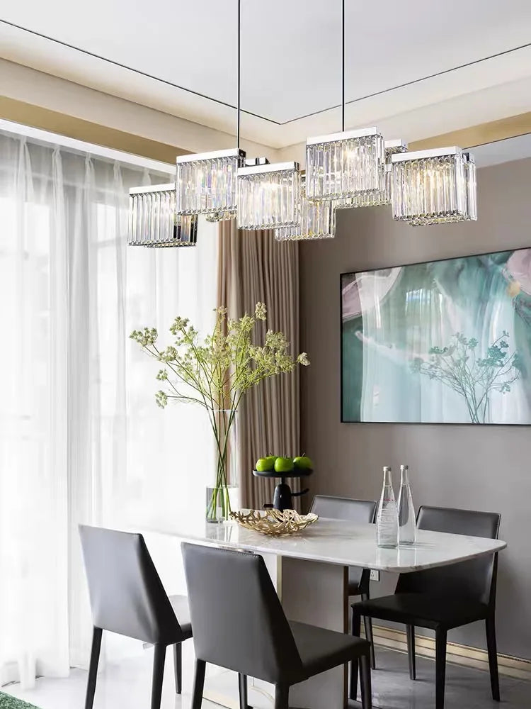 Crystal Pendant Lights for Dining Room, Luxury Rod Lamp with Led, Chrome Finish