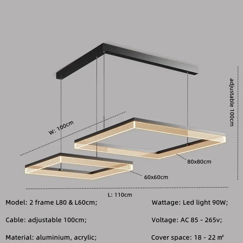 Nordic Black Square LED Chandelier: Dimmable Modern Lighting for Living Room, Bedroom