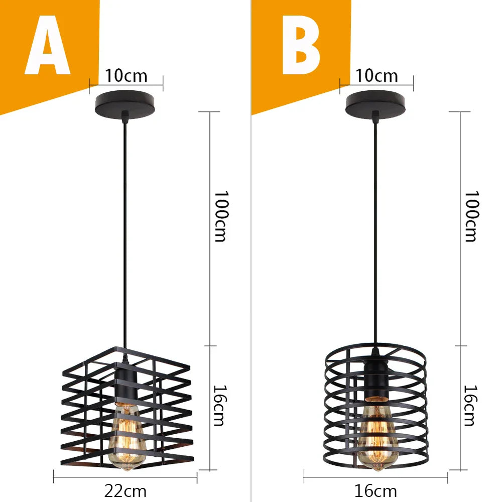 Black Metal Cage Pendant Light - Vintage Industrial Loft Kitchen Lighting