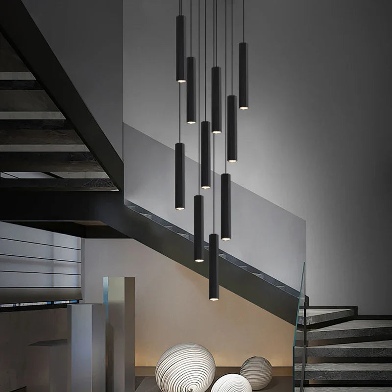 LED Crystal Staircase Chandelier: Nordic Black Indoor Lighting Fixture with Long Hanging Lamp