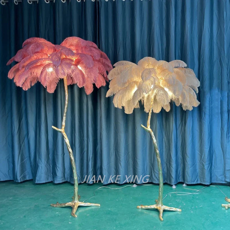 Princess Living Room Luxury Ostrich Feather Floor Lamp in Camel Lush LED Lighting