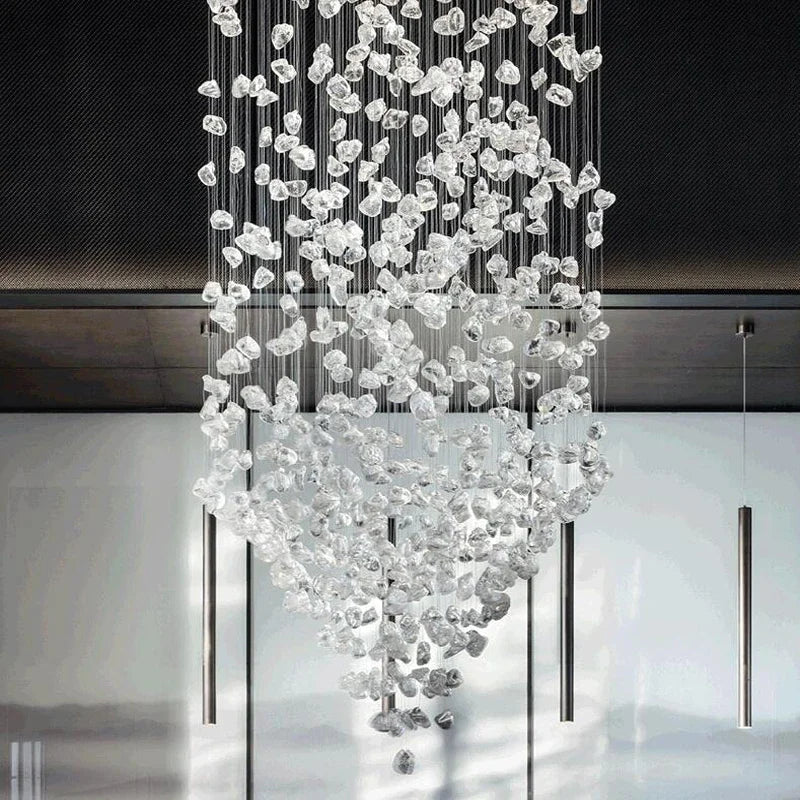 Luxe Crystal Chandelier: Modern Staircase & Lobby LED Lighting with Long Hallway Design