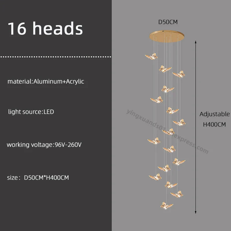 Butterfly Chandelier Staircase Suspended Loft Pendant Light for Living Room & Hallway