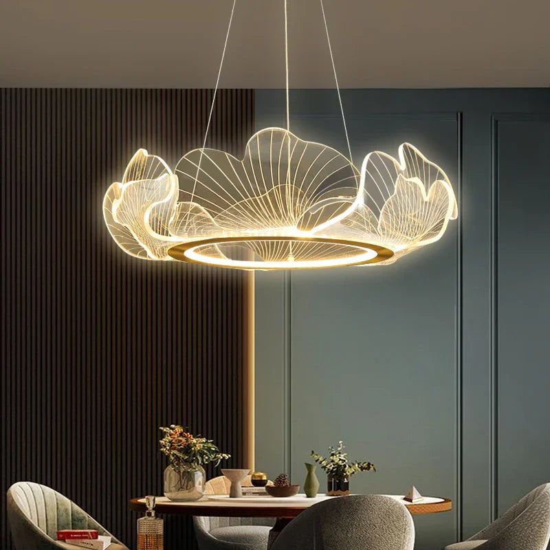 Ginkgo Acrylic LED Pendant Chandelier Light, Gold Metal, Dimmable, Modern Minimalism