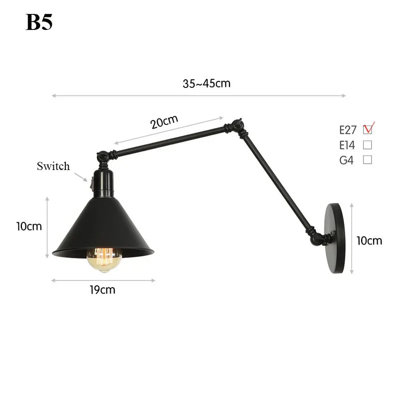 Retro Long Arm Bedside Wall Lamp with Switch - Black