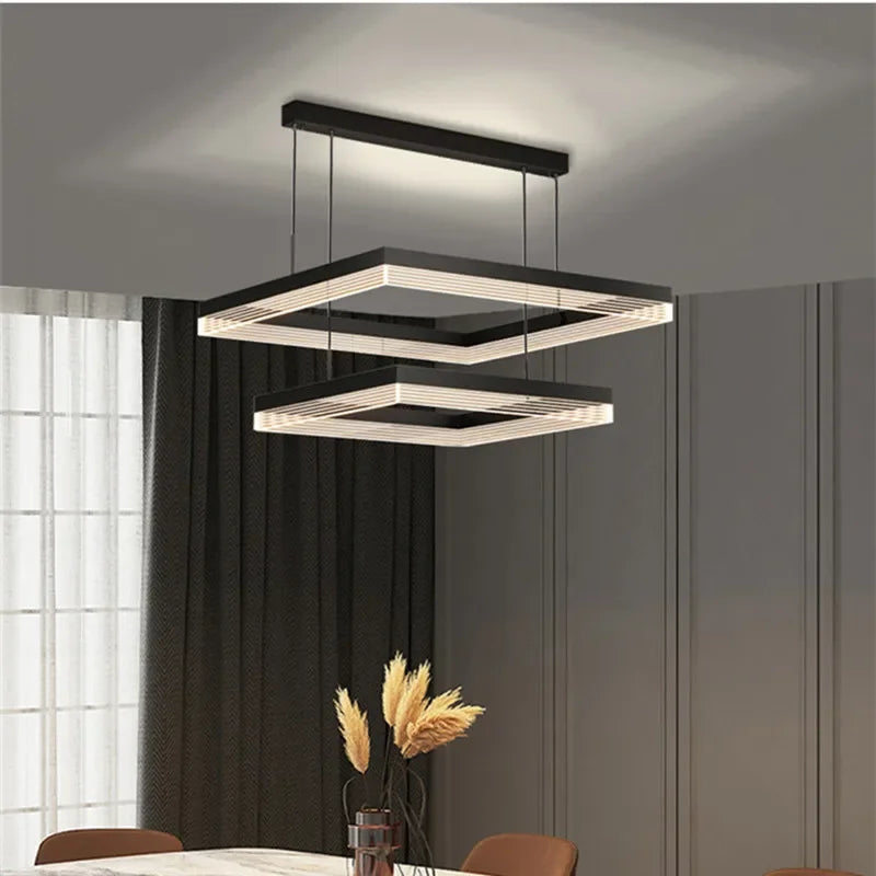 Minimalist Black Square Frame LED Chandelier for Living Room