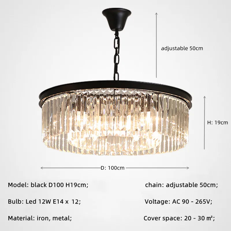 Retro Gold Black Metal Crystal Pendant Lights with LED, Chain Hanging Suspension Loft Lamp