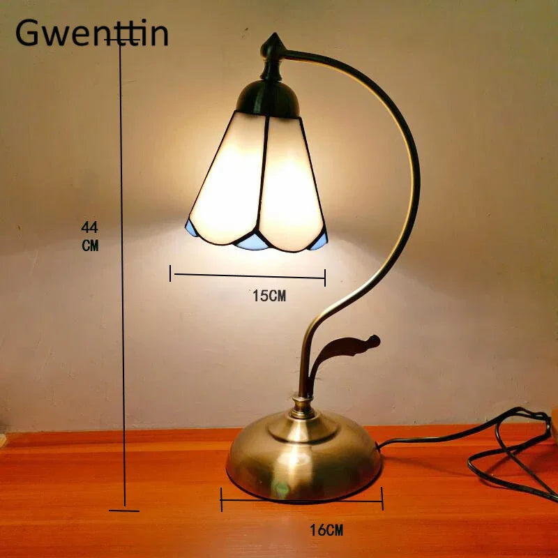 Mediterranean Tiffany Stained Glass Table Lamp LED Living Room Bedroom Vintage Fixtures