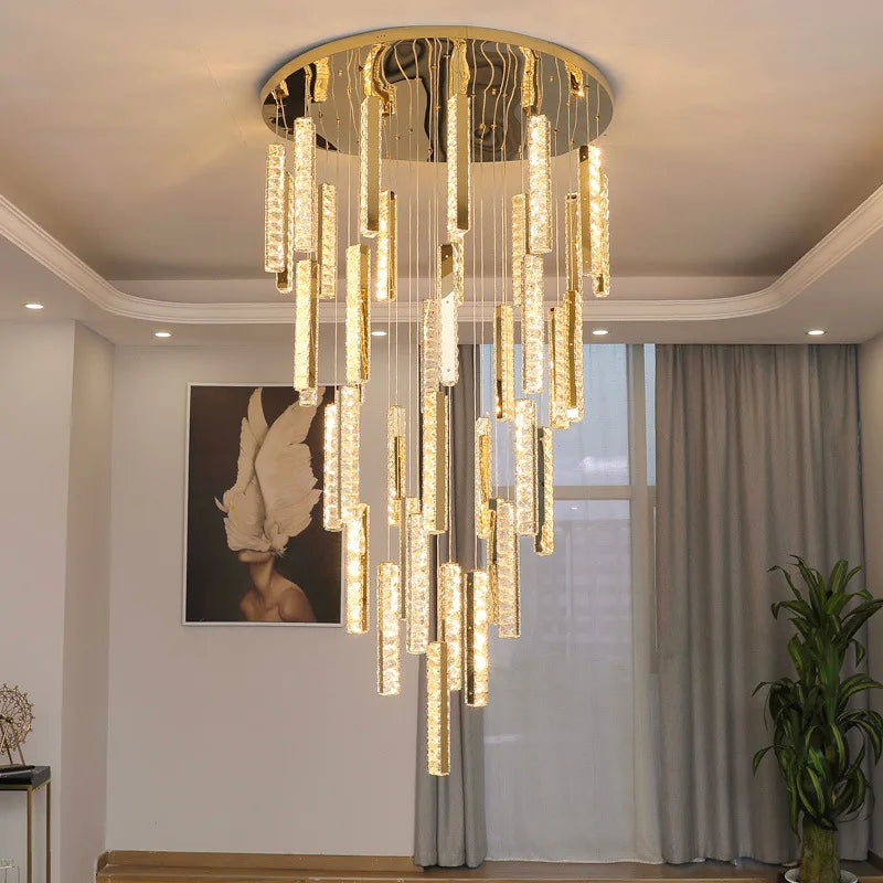 Luxury Crystal LED Chandelier for Modern Living Room and Spiral Staircase