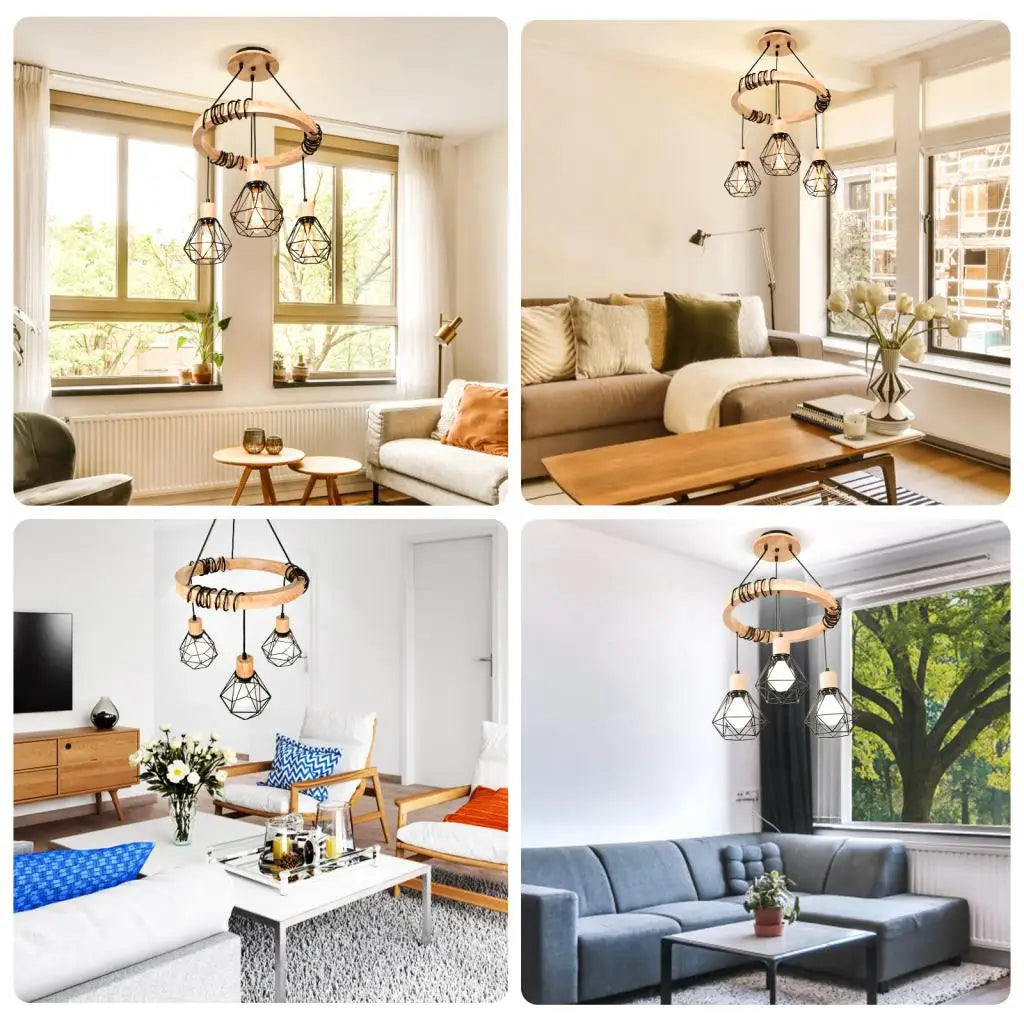 Wooden 3-Head Industrial Pendant Chandeliers for Home Decor