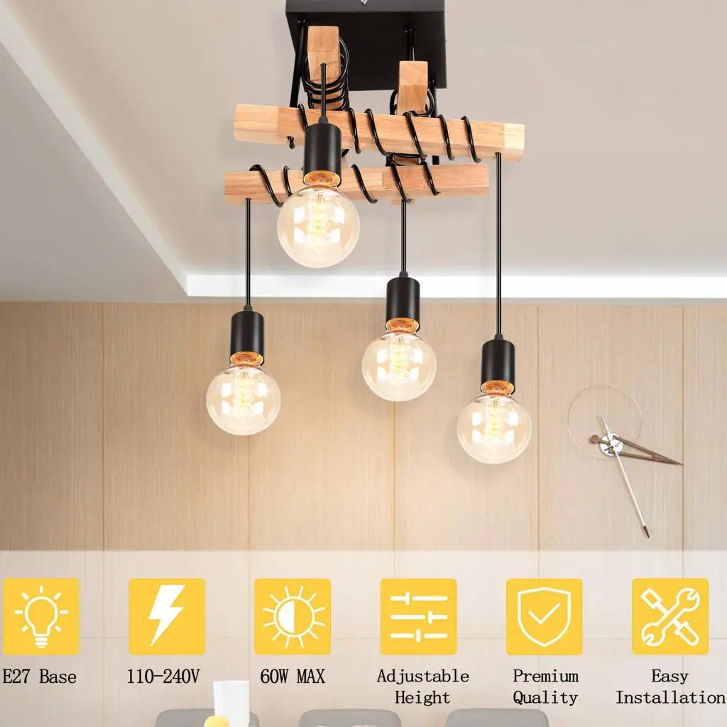 Vintage Industrial Wood Pendant Lights for Kitchen Island, Retro Loft Chandeliers