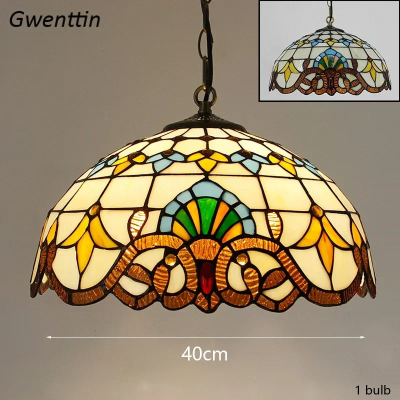 Mediterranean Tiffany Stained Glass Pendant Light Vintage Hanging Lamp Art Decor