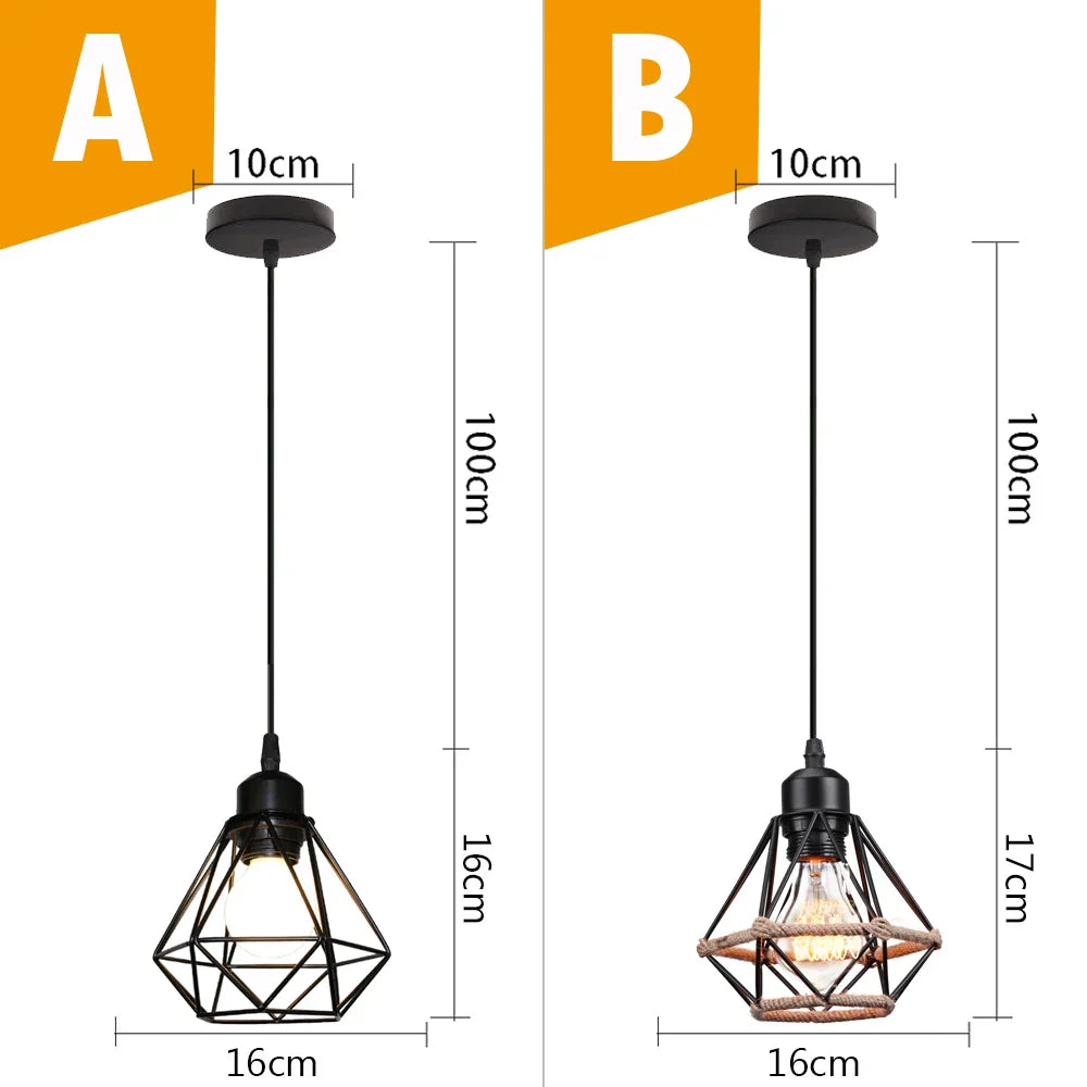 Black Metal Cage Pendant Light - Vintage Industrial Loft Kitchen Lighting