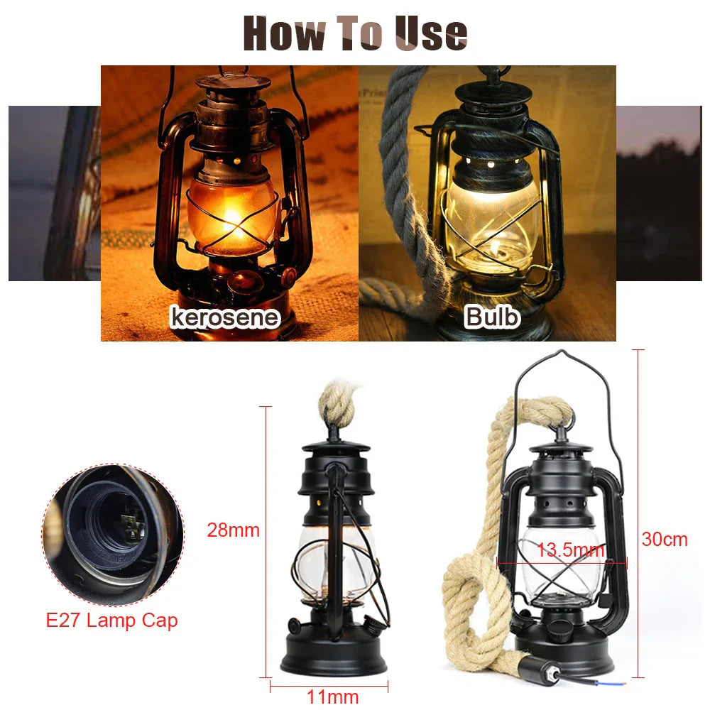 Vintage Kerosene Pendant Light Fixture with Hemp Rope for Home Decor