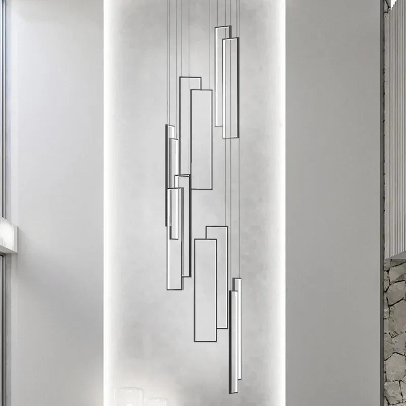 Nordic Black Rectangle LED Chandelier for Living Room, Dimmable Stairs Pendant Lighting