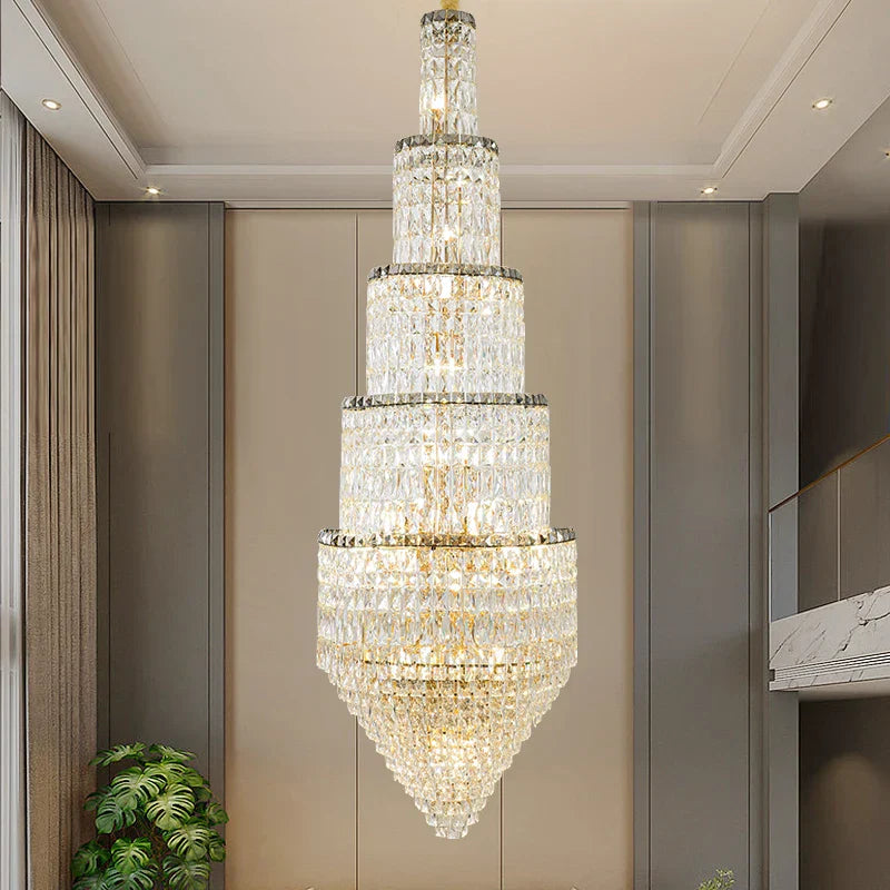 Crystal Hollow Long Chandelier: Elegant Duplex Villa Hall Lighting
