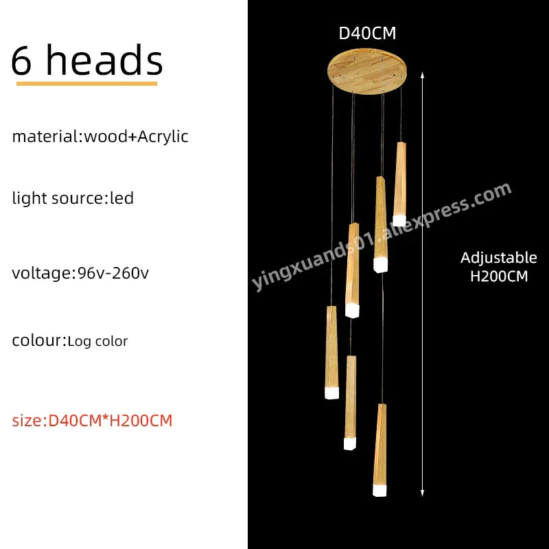 Wooden Chandelier: Modern LED Staircase Hanging Light