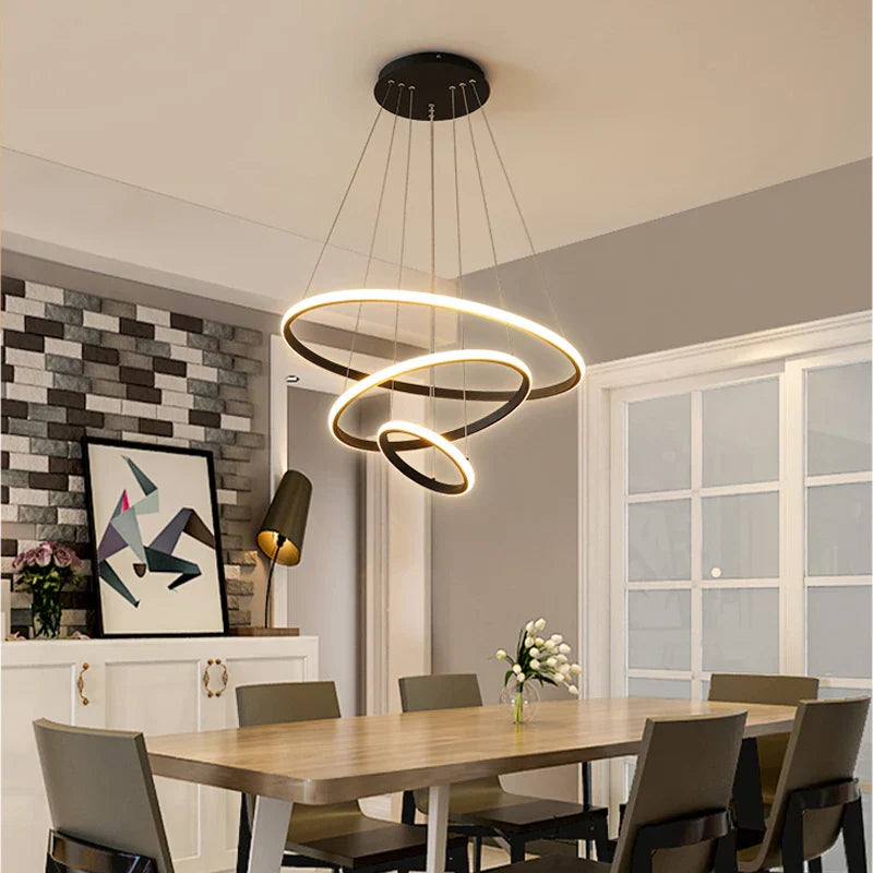 Modern Black LED Rings Circle Ceiling Pendant Chandelier for Living Room