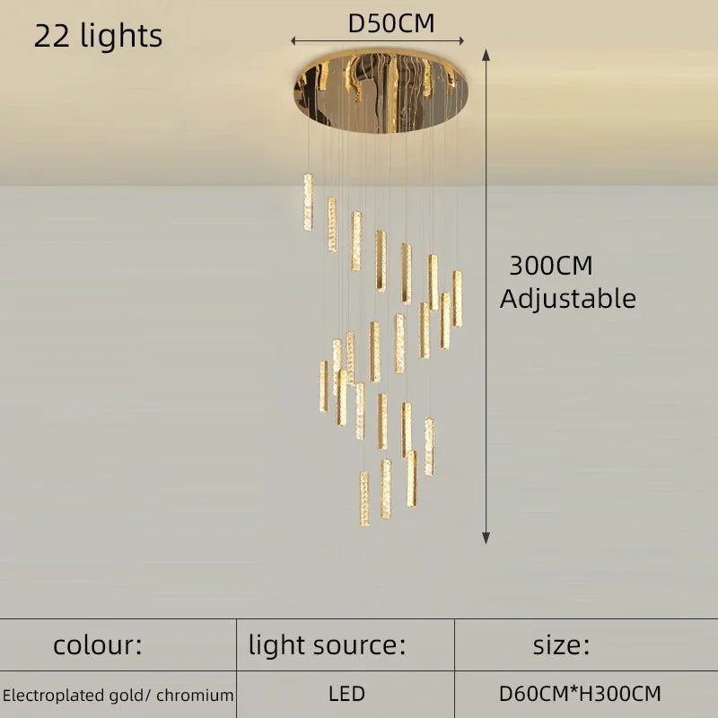 Luxury Crystal LED Chandelier for Modern Living Room and Spiral Staircase