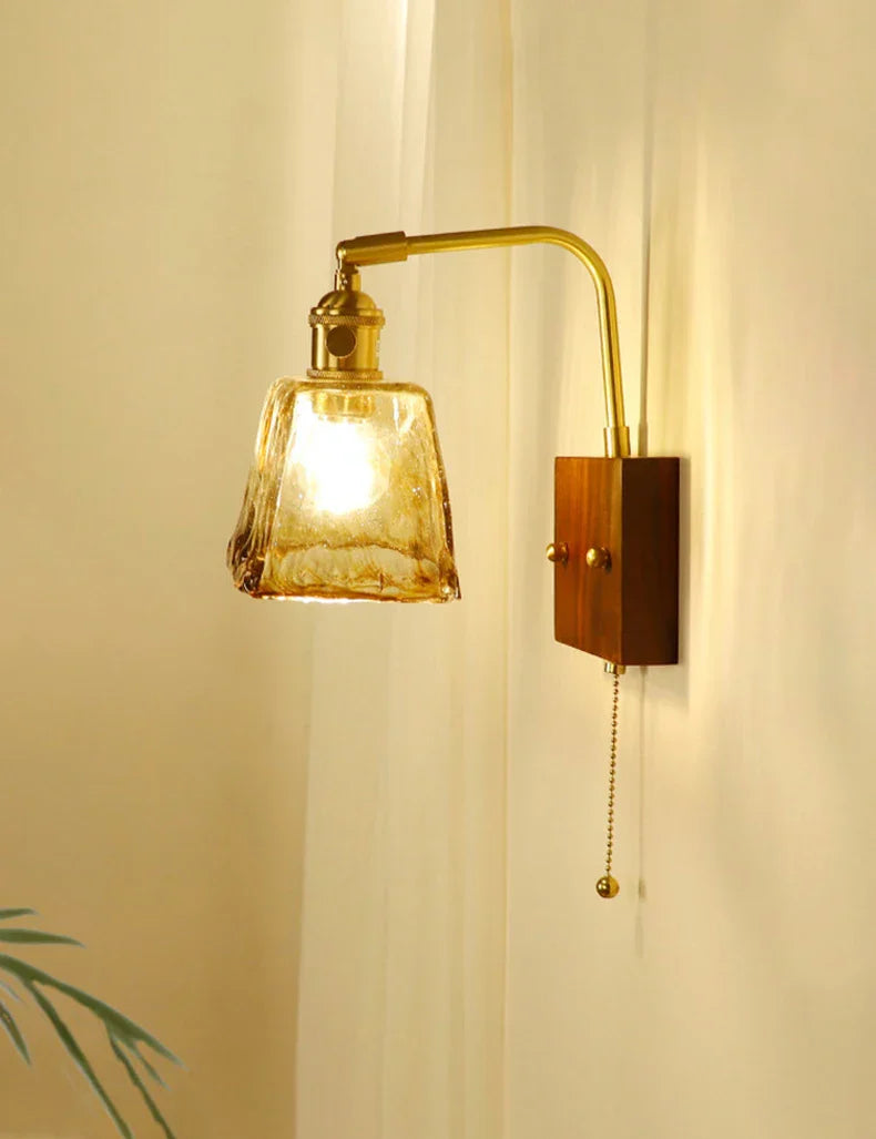 Wooden Brass Glass Wall Lamp Modern Bedroom Bedside Light