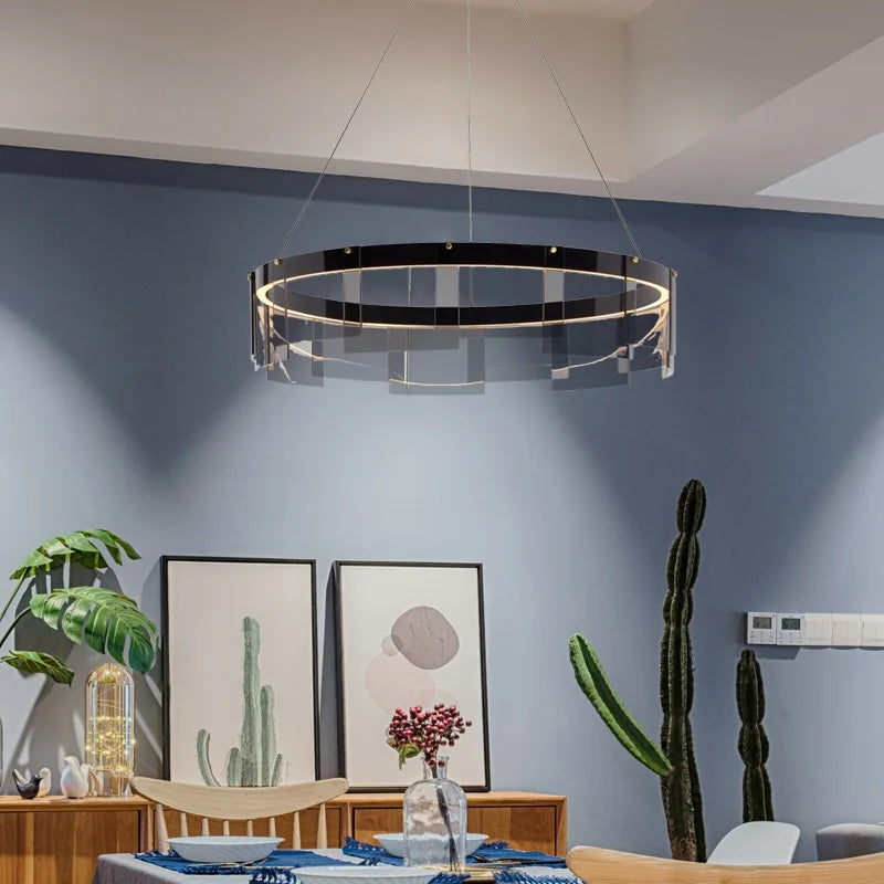 Glass Circle LED Pendant Light: Stratos Luxury Chandelier for Kitchen Island
