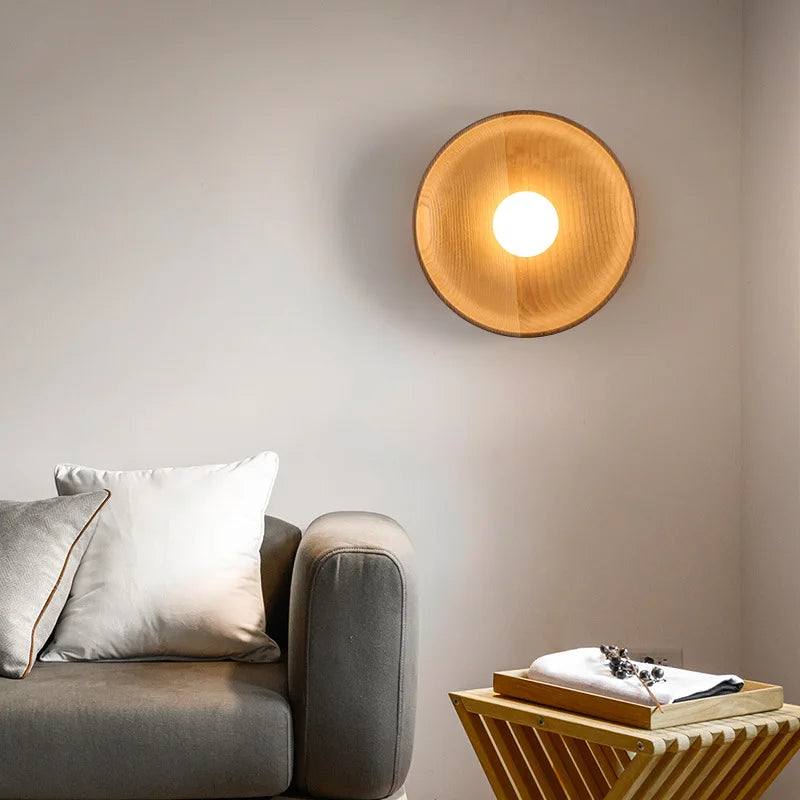 Wood Round Plate Wall Lights LED Nordic Modern Sconce for Home Décor