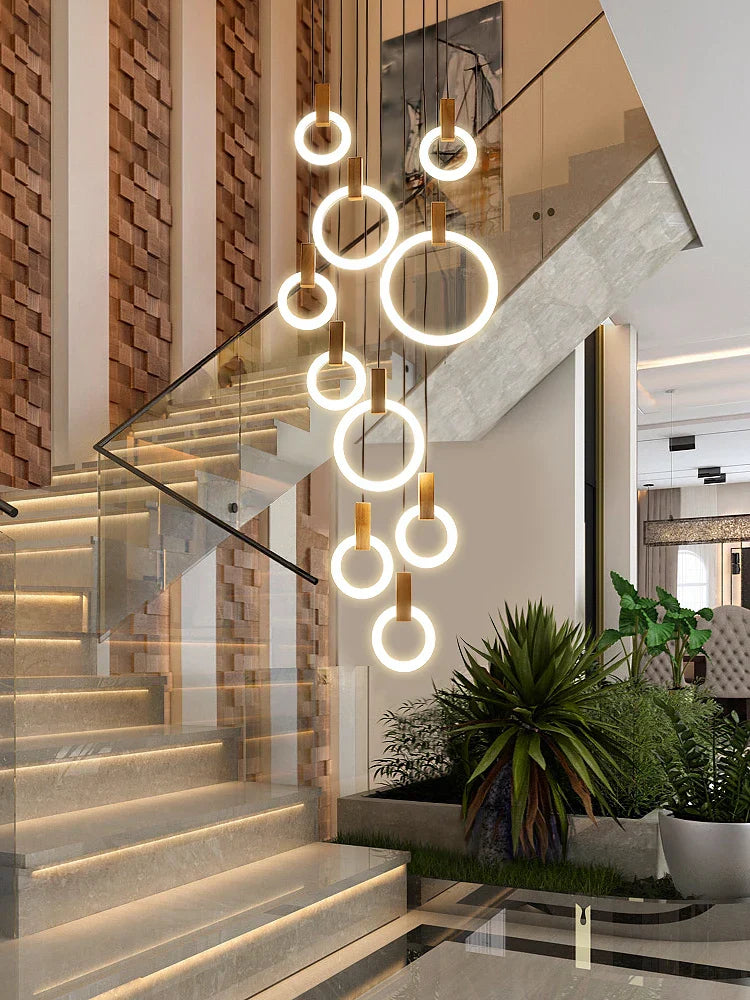 LED Wooden Staircase Chandelier Ceiling Lights - Modern Hanging Pendant Lamps