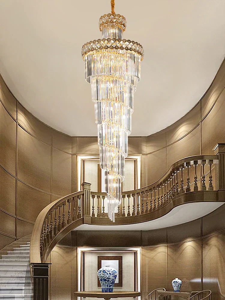 Luxury Crystal Chandelier: Elegant Staircase Lighting Fixture for Villa, Gold Stainless Steel