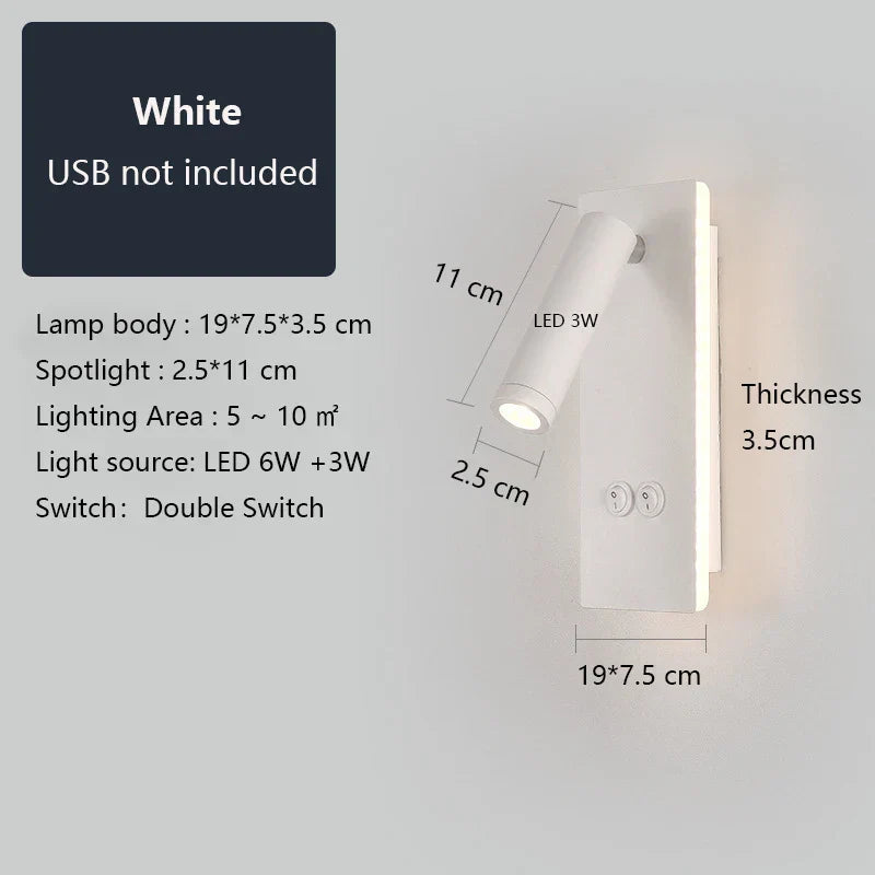 Black Brass LED Wall Lamp with USB Port & Switch - 3W Spotlight for Bedroom