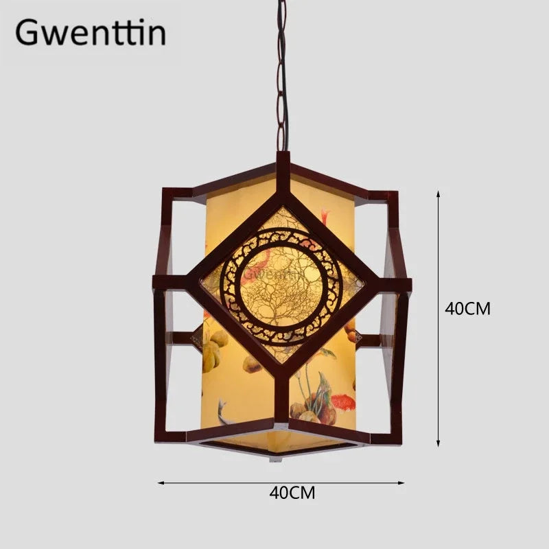 Sheepskin Lantern Pendant Light - Vintage Chinese Style Wooden Hanging Lamp