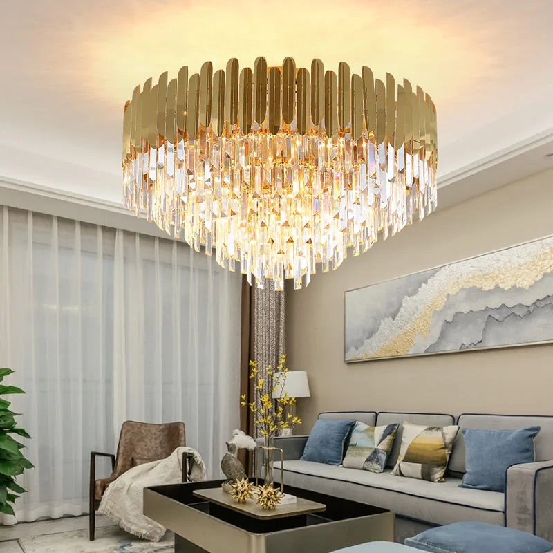 Golden LED Crystal Ceiling Light for Luxury Living Room, Modern Round Crystal Lamp