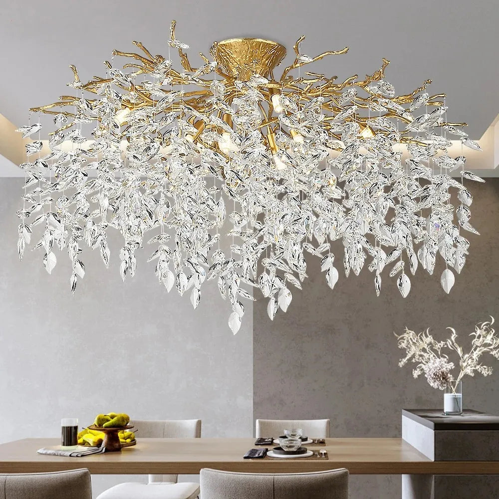 Round Crystal Gold Branch Chandelier for Modern Living Spaces