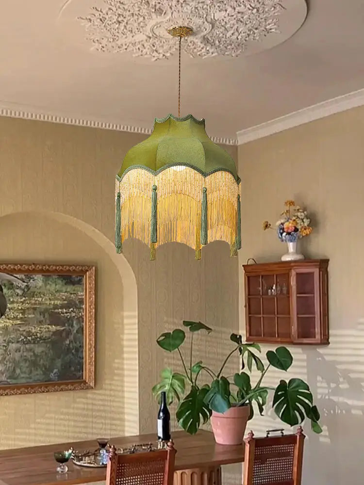 Vintage Green Cloth Tassels LED Ceiling Chandelier Pendant Lights Home Decor