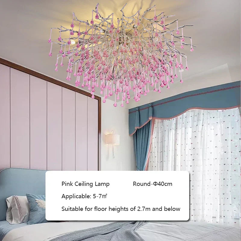Kids' Pink Crystal Chandelier: Colorful Chrome Ceiling Light for Girls' Bedroom