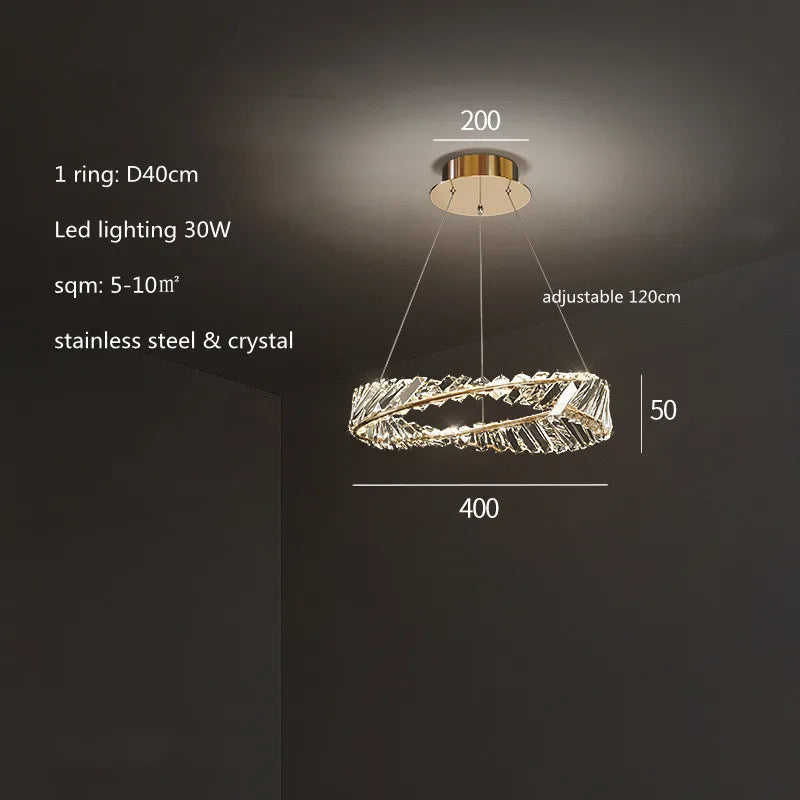 Gold Plated Steel Ring Pendant Lamp with Dimmable LED Lights and K9 Crystals