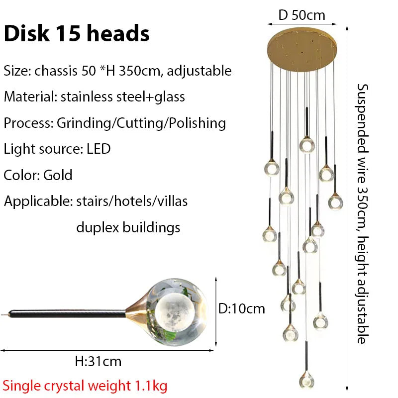 Gold Crystal Raindrop Chandelier for Staircase Foyer