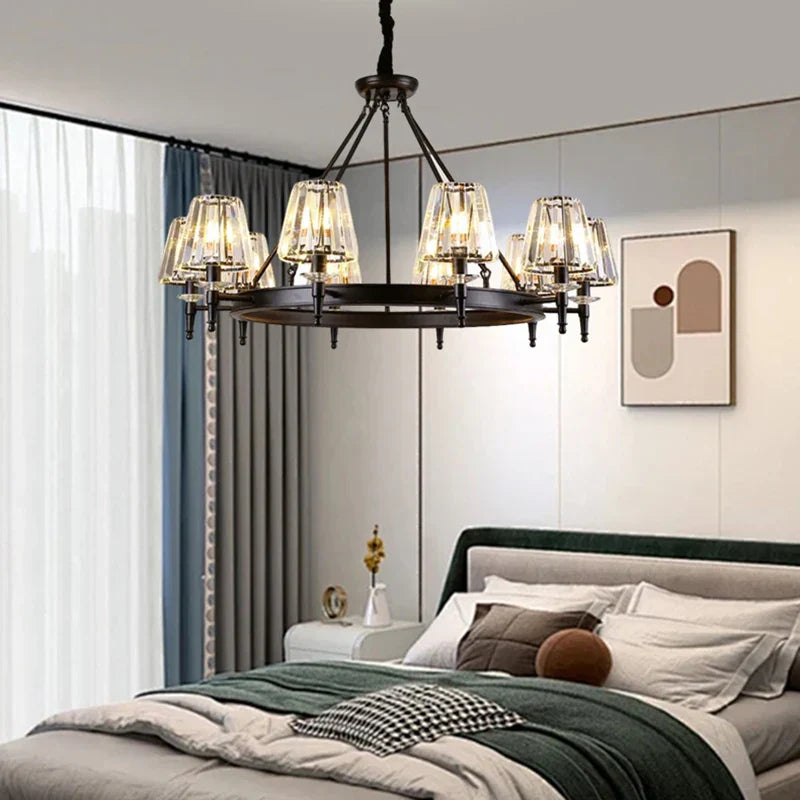 Matte Black Metal LED Chandelier with K9 Crystal Shades - Round Pendant Lighting