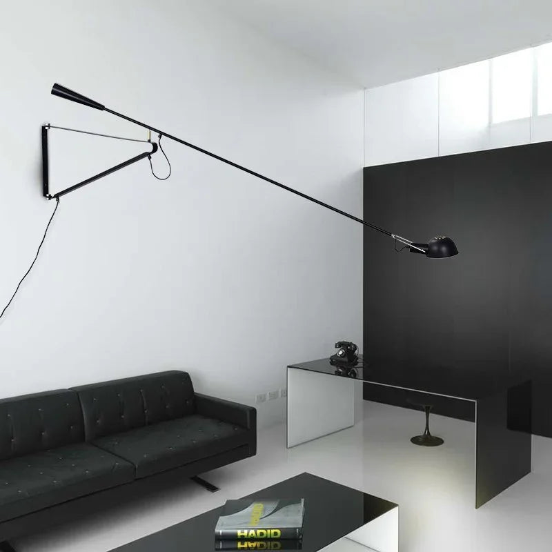 Dimmable LED Wall Lamp, Rotating Long Pole, Swinging Black and White Industrial Design