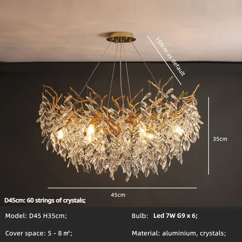Crystal Branch Chandelier LED Pendant Lamps Elegant Villa Living Room Gold Decor
