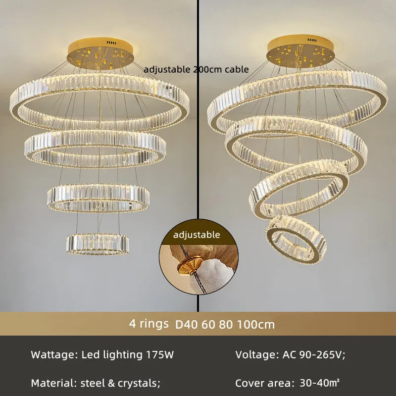 Crystal Circle LED Chandelier: Nordic Modern Stairs Pendant Lighting with Dimmable LED for Living Room