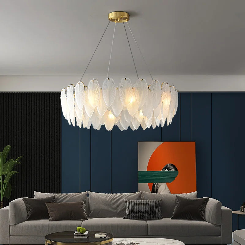 Gold Feather Chandelier LED Pendant Light for Home Decor