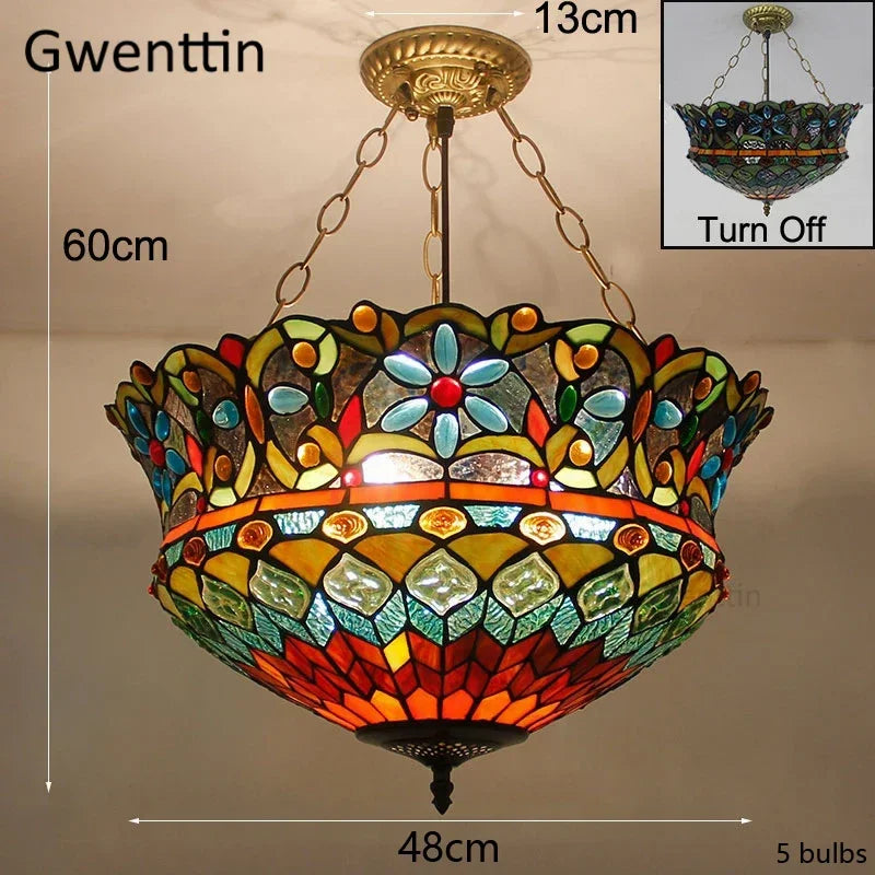 Mediterranean Tiffany Stained Glass Pendant Light Vintage Hanging Lamp Art Decor
