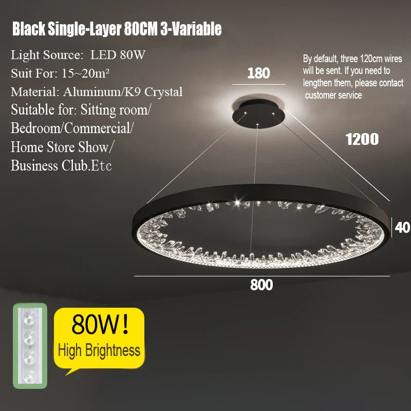 Crystal LED Chandelier Circle Hanging Lamp - Modern Luxury Dimmable Lighting