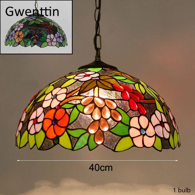 Mediterranean Tiffany Stained Glass Pendant Light Vintage Hanging Lamp Art Decor