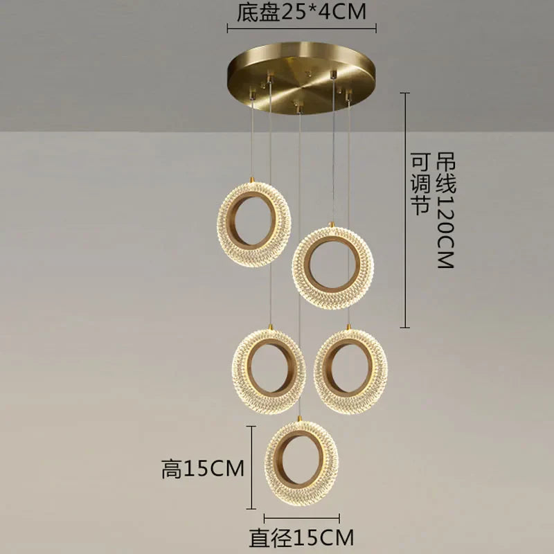 Crystal Ring LED Chandelier: Modern Gold Kitchen Lighting for Staircase, Simple Indoor Hanging Lamp