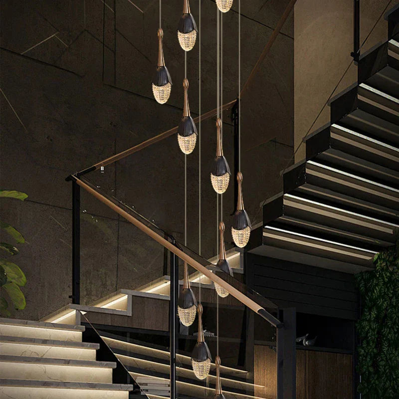 Gold LED Staircase Chandelier: Elegant Luxury Large Pendant Lamp for Living Room