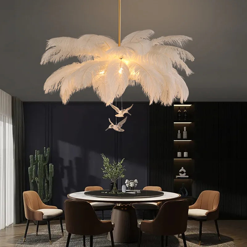 Ostrich Feather Gold Chandelier Lighting: Nordic Style Rod Hanging LED Chandelier for Living Room