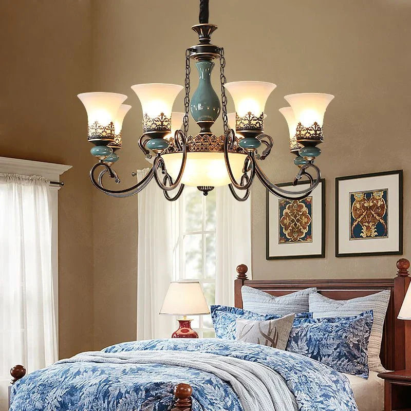 Vintage Ceramic Chandelier: European Classic Design, Glass Lampshade, Metal Arm Light